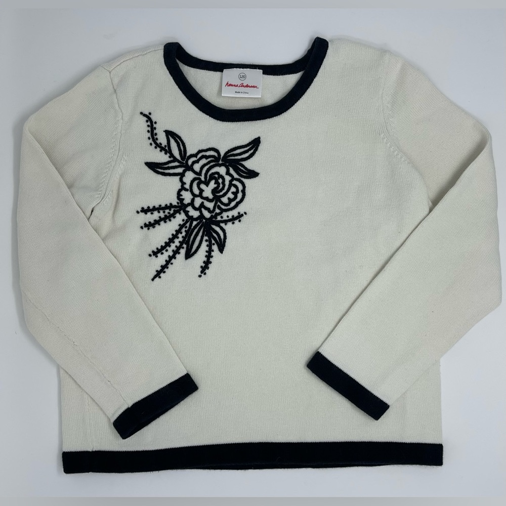 HANNA ANDERSSON: White Sweater; Black Detail/Flower Embroidery; Size 120 (6-7)